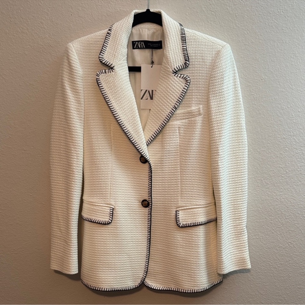 Zara Cream Textured Blazer with Black Trim